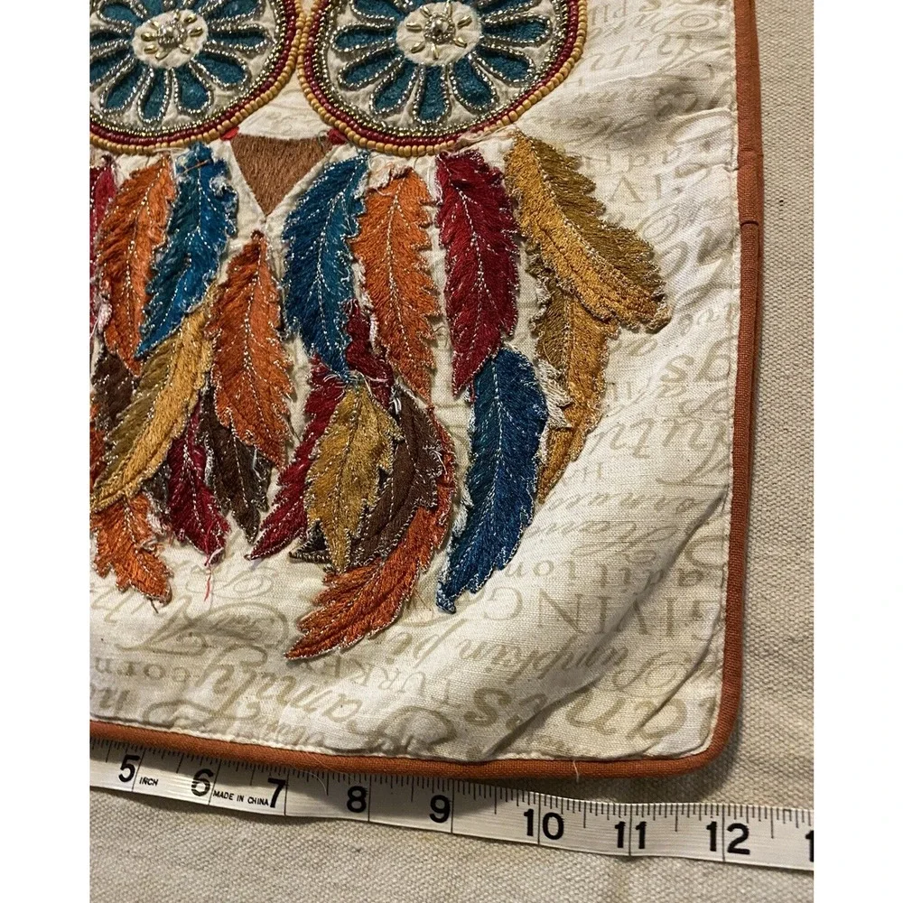 NWT Luxe Habitat Table Runner Boho Beaded Embroidered Owl Thanksgiving Fall